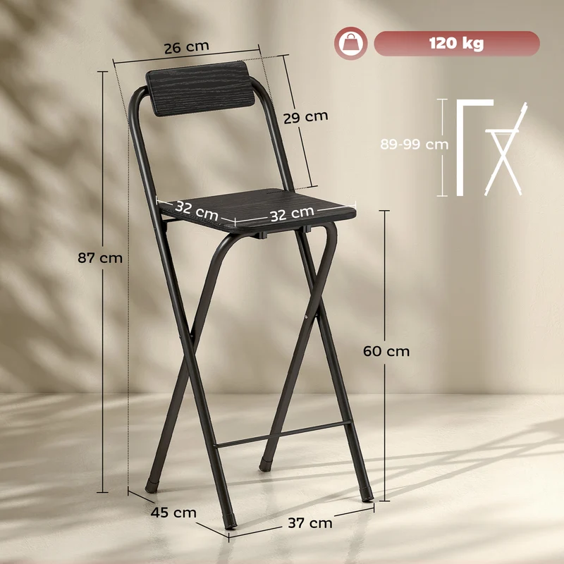 Lot de 2 tabourets de bar pliables dossier repose-pieds 37 x 45 x 87 cm gain de place confort épuré moderne en MDF noir 21_0003290
