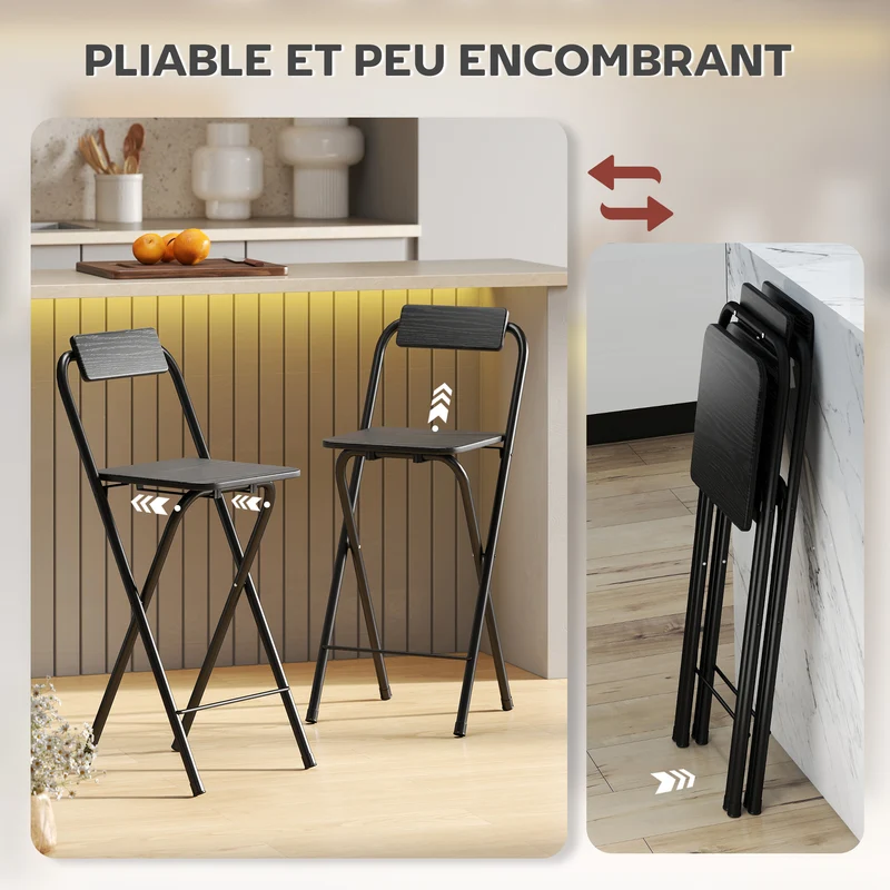 Lot de 2 tabourets de bar pliables dossier repose-pieds 37 x 45 x 87 cm gain de place confort épuré moderne en MDF noir 21_0003290