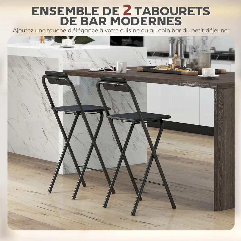Lot de 2 tabourets de bar pliables dossier repose-pieds 37 x 45 x 87 cm gain de place confort épuré moderne en MDF noir 21_0003290