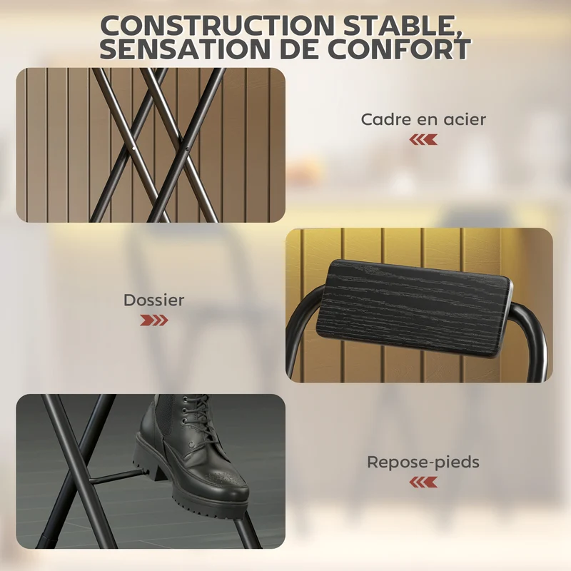 Lot de 2 tabourets de bar pliables dossier repose-pieds 37 x 45 x 87 cm gain de place confort épuré moderne en MDF noir 21_0003290
