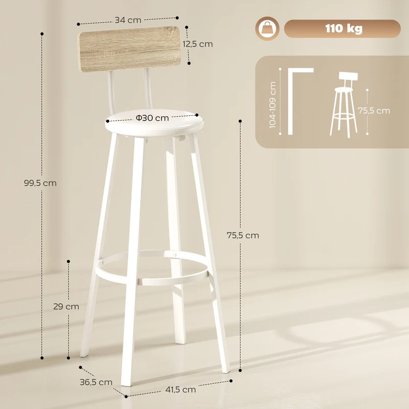 Lot de 2 tabourets de bar assise rembourrée dossier 41,5 x 36,5 x 99,5 cm confortable style industriel en métal blanc 21_0003349