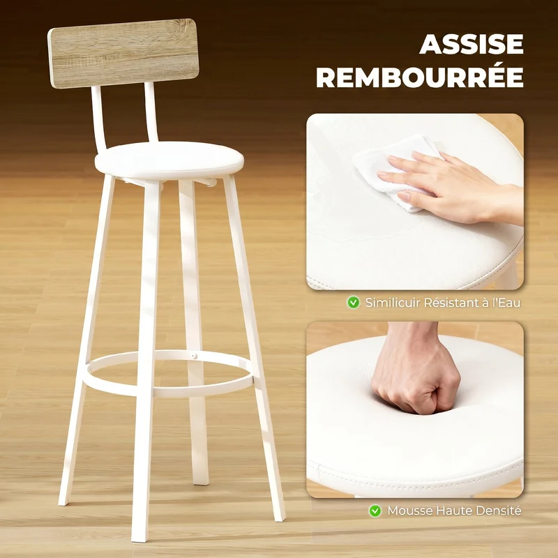 Lot de 2 tabourets de bar assise rembourrée dossier 41,5 x 36,5 x 99,5 cm confortable style industriel en métal blanc 21_0003349
