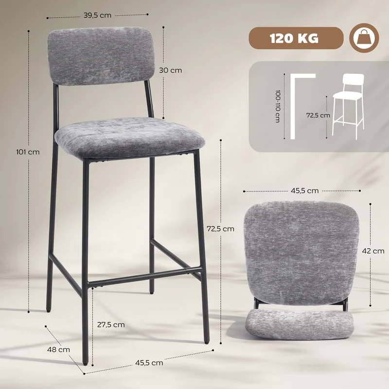 Lot de 2 tabourets de bar 45,5 x 48 x 101 cm assise large rembourrée dossier haut ergonomique moderne en polyester gris 21_0003362