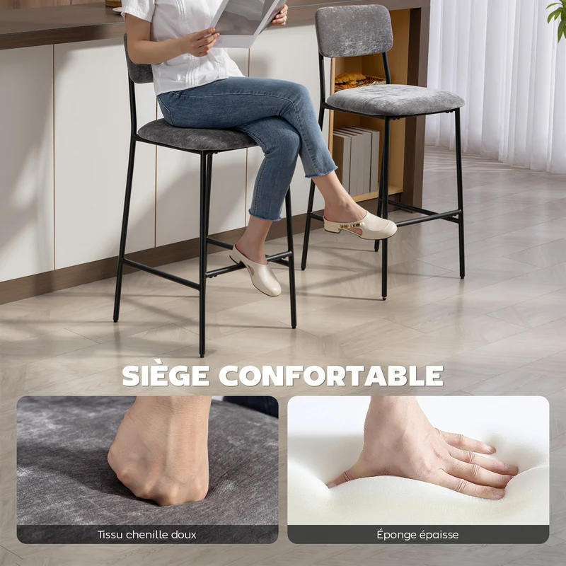 Lot de 2 tabourets de bar 45,5 x 48 x 101 cm assise large rembourrée dossier haut ergonomique moderne en polyester gris 21_0003362