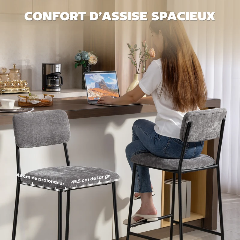 Lot de 2 tabourets de bar 45,5 x 48 x 101 cm assise large rembourrée dossier haut ergonomique moderne en polyester gris 21_0003362