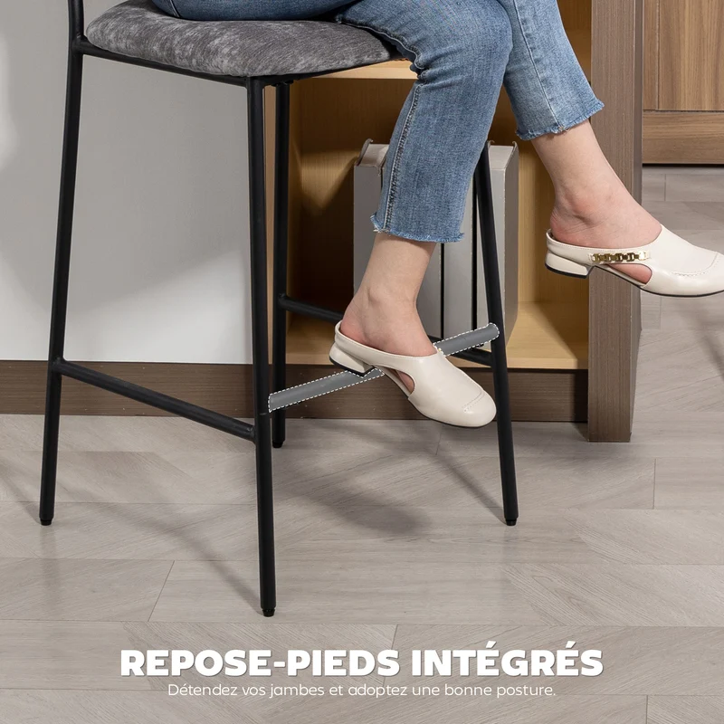 Lot de 2 tabourets de bar 45,5 x 48 x 101 cm assise large rembourrée dossier haut ergonomique moderne en polyester gris 21_0003362