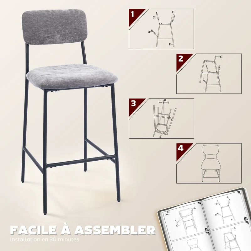 Lot de 2 tabourets de bar 45,5 x 48 x 101 cm assise large rembourrée dossier haut ergonomique moderne en polyester gris 21_0003362