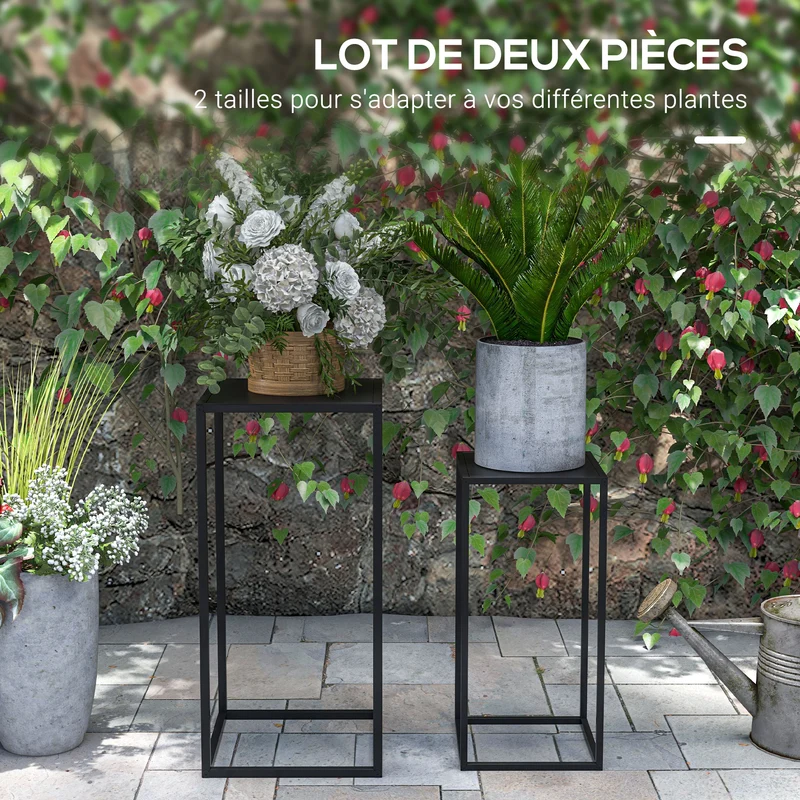 Lot de 2 supports pour plantes encastrables 25 x 25 x 58,5 cm et 31 x 31 x 65 cm très robustes industriel en acier noir 21_0004334