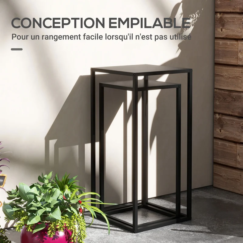 Lot de 2 supports pour plantes encastrables 25 x 25 x 58,5 cm et 31 x 31 x 65 cm très robustes industriel en acier noir 21_0004334