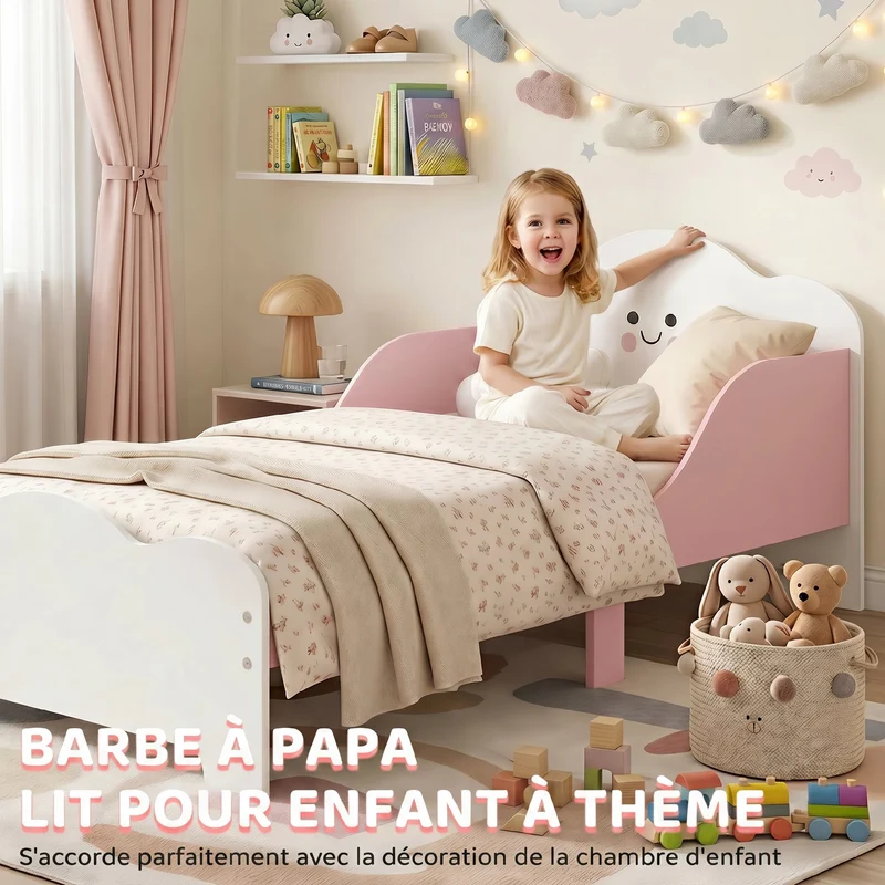 Lit enfant au sol 143 x 77 x 60 cm barrière de sécurité et sommier à lattes décoratif moderne pour 3 à 6 ans en MDF rose 21_0000256