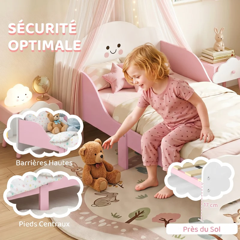 Lit enfant au sol 143 x 77 x 60 cm barrière de sécurité et sommier à lattes décoratif moderne pour 3 à 6 ans en MDF rose 21_0000256