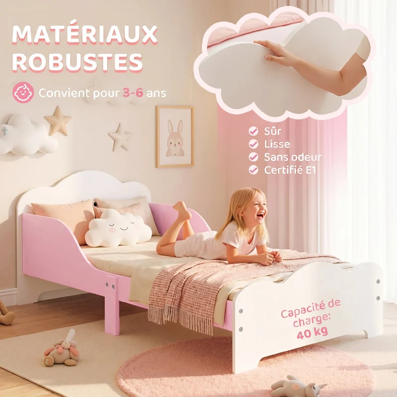 Lit enfant au sol 143 x 77 x 60 cm barrière de sécurité et sommier à lattes décoratif moderne pour 3 à 6 ans en MDF rose 21_0000256