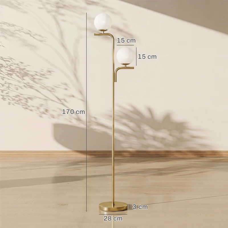 Lampadaire sur pied salon double tête 33 x 28 x 170 cm éclairage 3 températures interrupteur pied moderne en acier doré 21_0007076