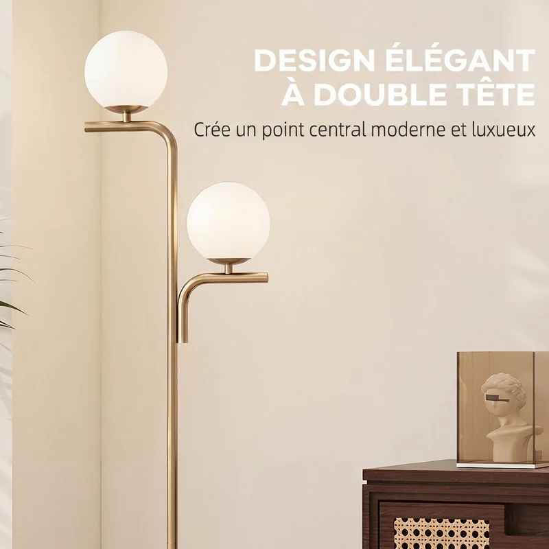 Lampadaire sur pied salon double tête 33 x 28 x 170 cm éclairage 3 températures interrupteur pied moderne en acier doré 21_0007076