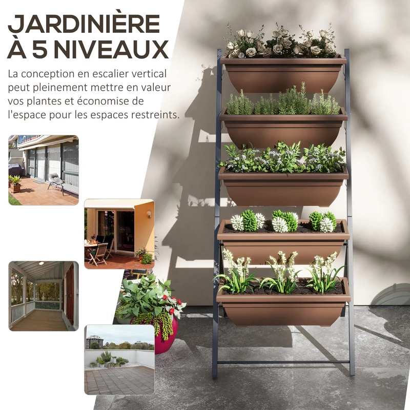 Jardinière surélevée verticale balcon 55 x 63 x 120 cm gain de place drainage intégré utile contemporain en acier marron 21_0004186