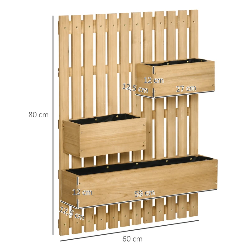 Jardinière murale potager vertical 60 x 16 x 80 cm gain de place 3 bacs amovibles style scandinave épuré en bois naturel 21_0004290