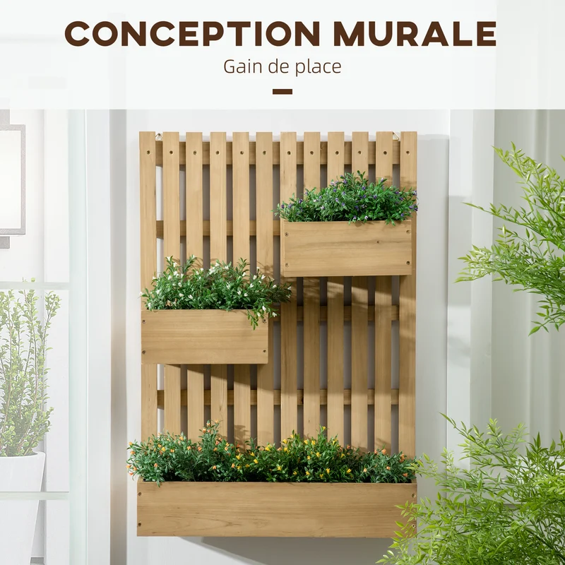 Jardinière murale potager vertical 60 x 16 x 80 cm gain de place 3 bacs amovibles style scandinave épuré en bois naturel 21_0004290