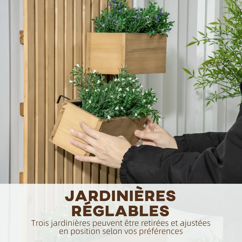 Jardinière murale potager vertical 60 x 16 x 80 cm gain de place 3 bacs amovibles style scandinave épuré en bois naturel 21_0004290