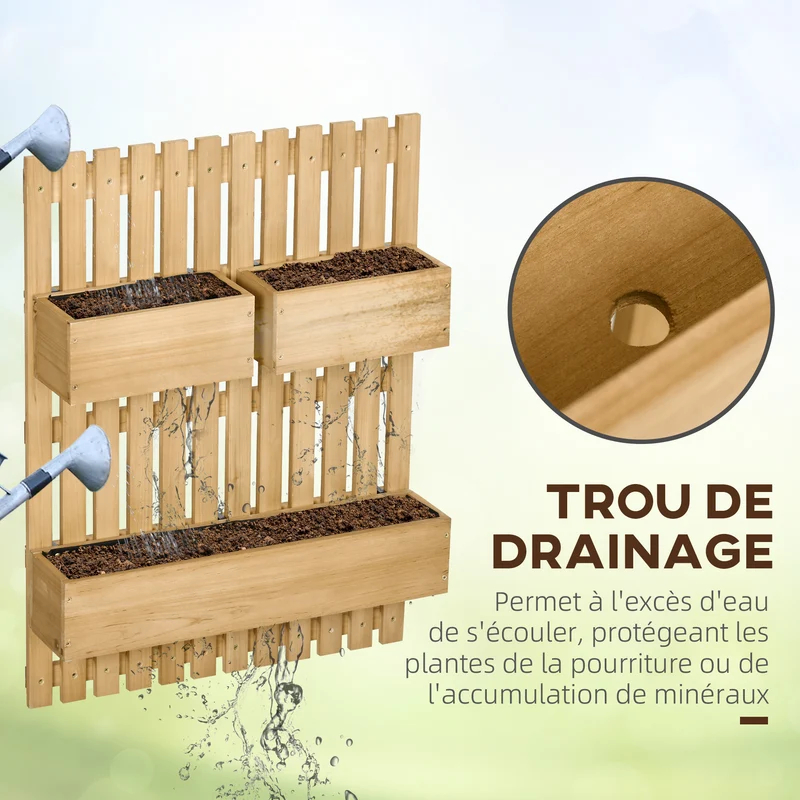 Jardinière murale potager vertical 60 x 16 x 80 cm gain de place 3 bacs amovibles style scandinave épuré en bois naturel 21_0004290