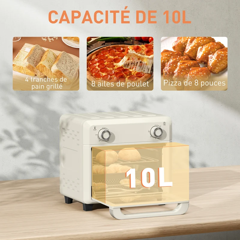 Four à air chaud mini 10 l pour pizza 20 cm 32 x 27,2 x 29,8 cm 85% moins d'huile moderne en acier inoxydable crème 21_0000948