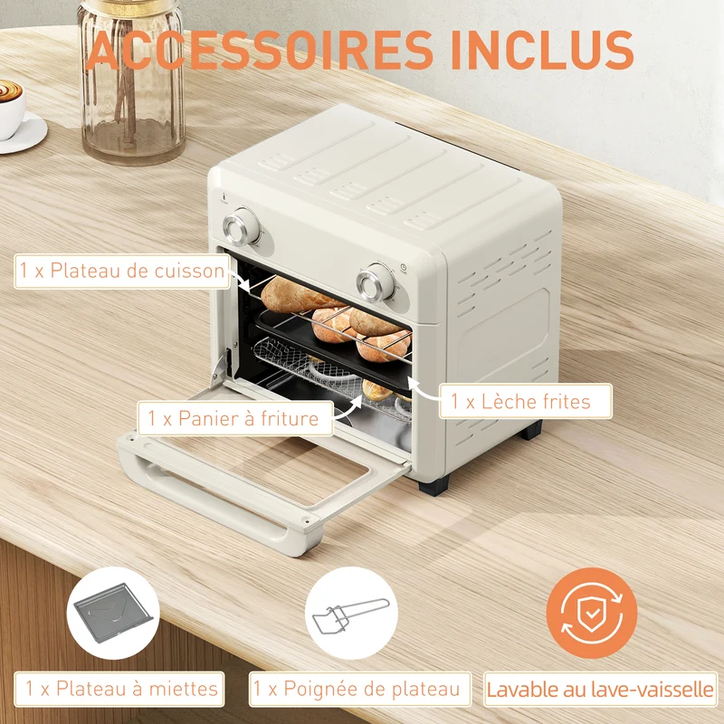 Four à air chaud mini 10 l pour pizza 20 cm 32 x 27,2 x 29,8 cm 85% moins d'huile moderne en acier inoxydable crème 21_0000948