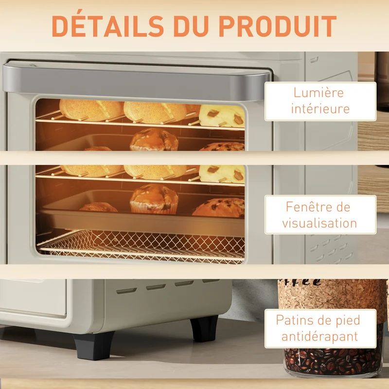 Four à air chaud mini 10 l pour pizza 20 cm 32 x 27,2 x 29,8 cm 85% moins d'huile moderne en acier inoxydable crème 21_0000948