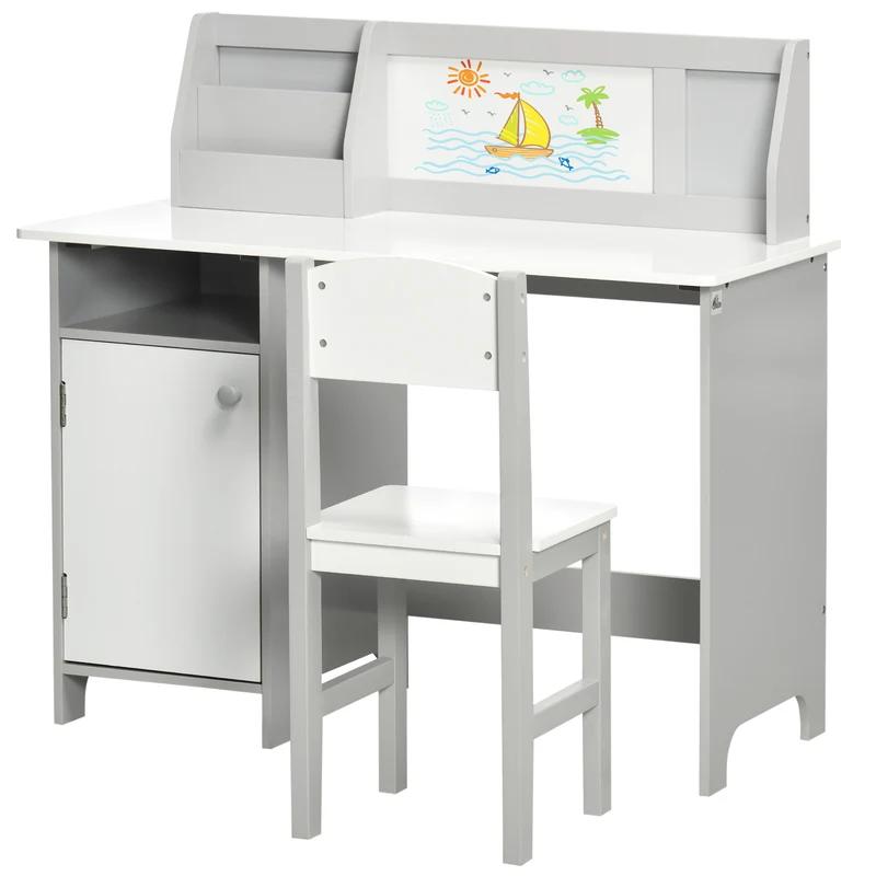 Ensemble table et chaise pour enfant avec tableau blanc 90 x 45 x 85 cm rangements bords arrondis scandinave en MDF gris 21_0000199