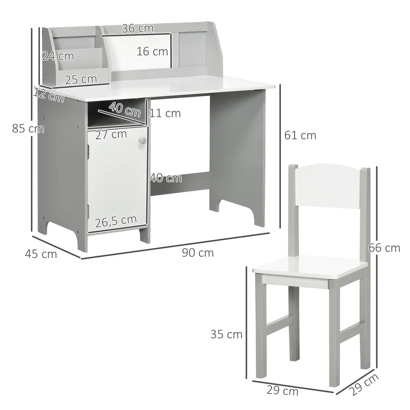 Ensemble table et chaise pour enfant avec tableau blanc 90 x 45 x 85 cm rangements bords arrondis scandinave en MDF gris 21_0000199