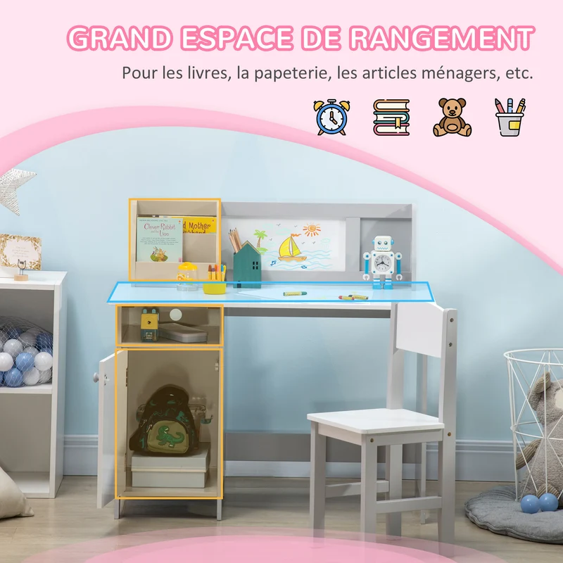 Ensemble table et chaise pour enfant avec tableau blanc 90 x 45 x 85 cm rangements bords arrondis scandinave en MDF gris 21_0000199