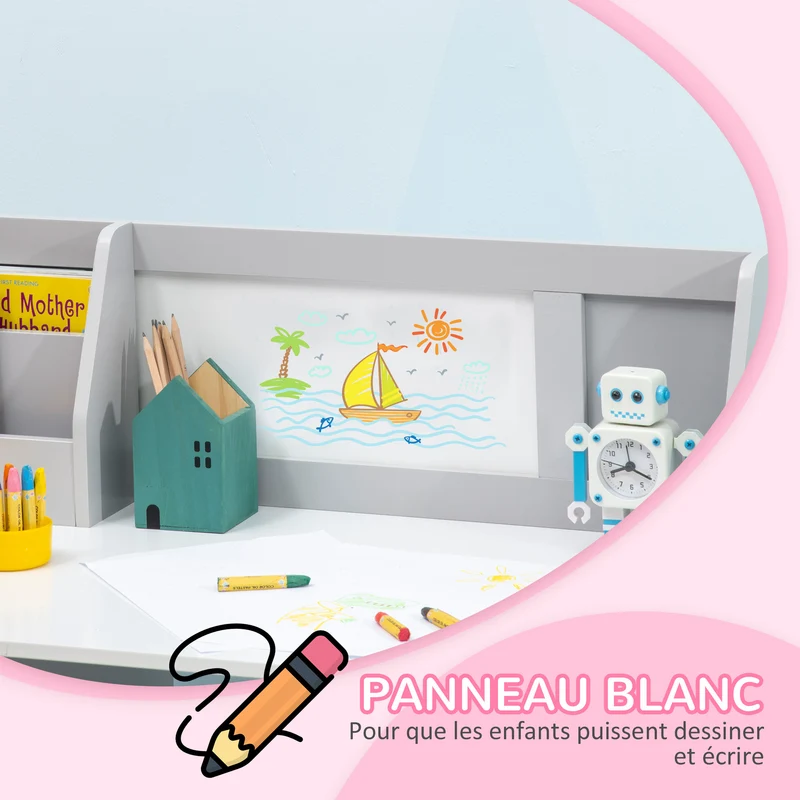 Ensemble table et chaise pour enfant avec tableau blanc 90 x 45 x 85 cm rangements bords arrondis scandinave en MDF gris 21_0000199