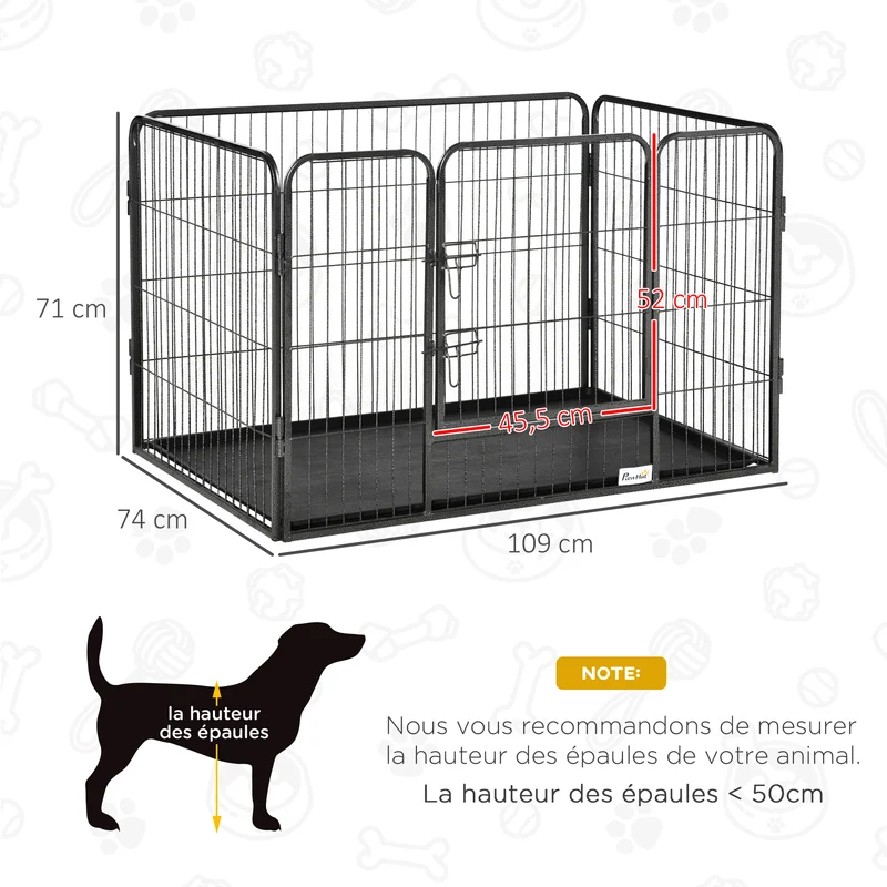 Enclos parc pour chien intérieur extérieur 109 x 74 x 71 cm porte verrouillable double loquet industriel en acier gris 21_0007443