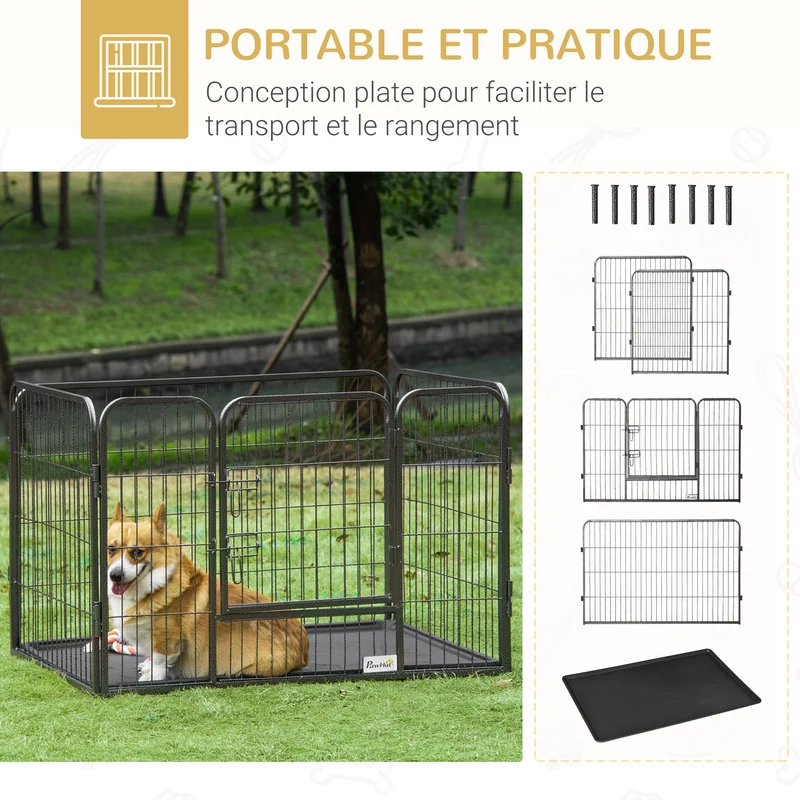 Enclos parc pour chien intérieur extérieur 109 x 74 x 71 cm porte verrouillable double loquet industriel en acier gris 21_0007443