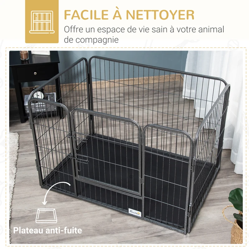 Enclos parc pour chien intérieur extérieur 109 x 74 x 71 cm porte verrouillable double loquet industriel en acier gris 21_0007443