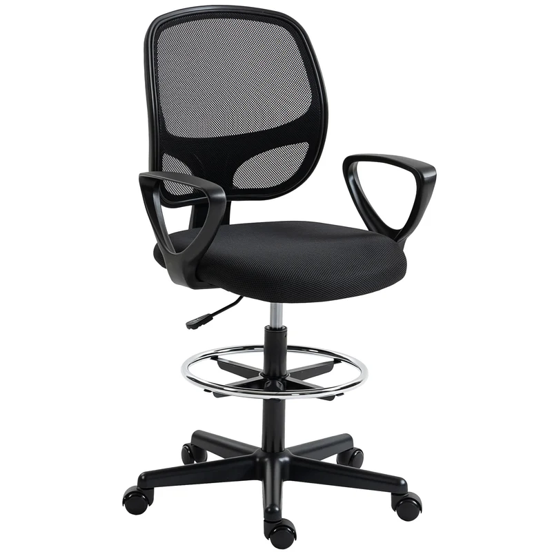 Chaise dessin ergonomique 59 x 58 x 103-123 cm hauteur réglable repose-pieds intégré design contemporain en maille noir 21_0006335