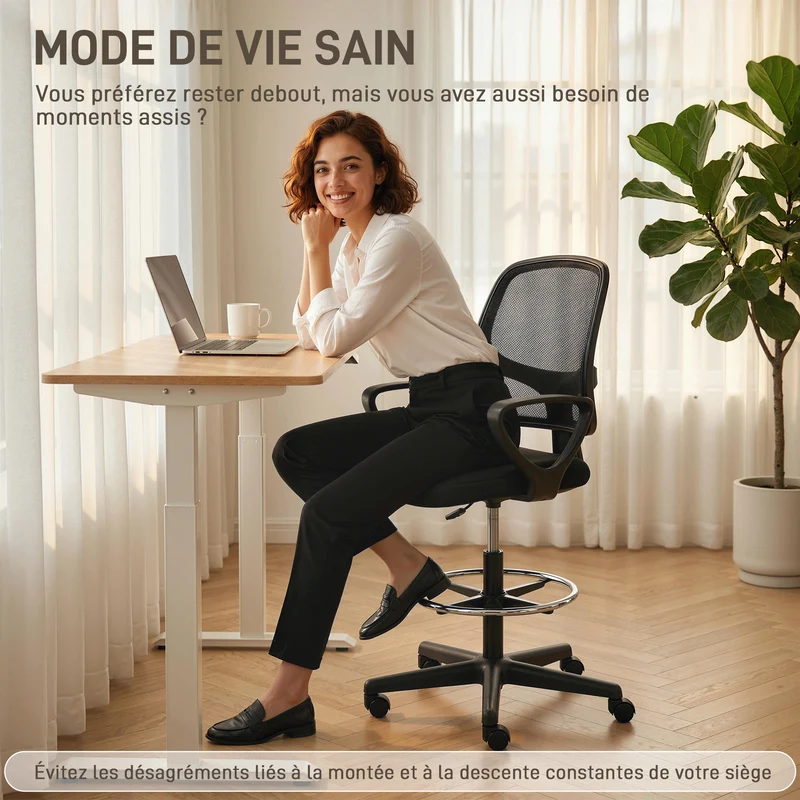 Chaise dessin ergonomique 59 x 58 x 103-123 cm hauteur réglable repose-pieds intégré design contemporain en maille noir 21_0006335