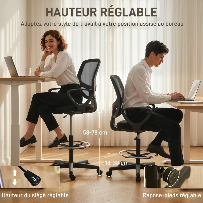 Chaise dessin ergonomique 59 x 58 x 103-123 cm hauteur réglable repose-pieds intégré design contemporain en maille noir 21_0006335