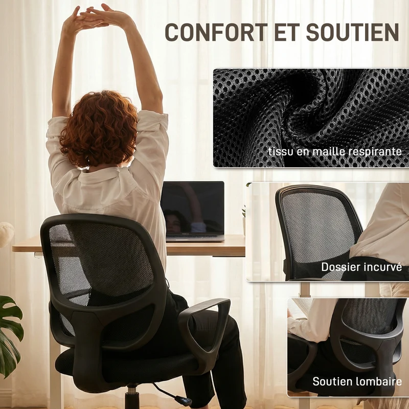 Chaise dessin ergonomique 59 x 58 x 103-123 cm hauteur réglable repose-pieds intégré design contemporain en maille noir 21_0006335