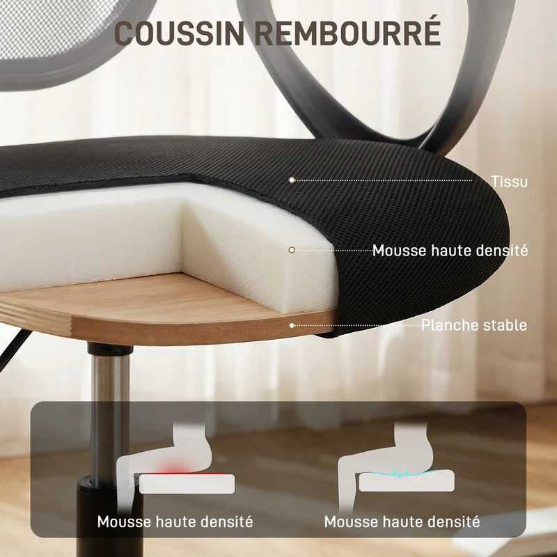 Chaise dessin ergonomique 59 x 58 x 103-123 cm hauteur réglable repose-pieds intégré design contemporain en maille noir 21_0006335