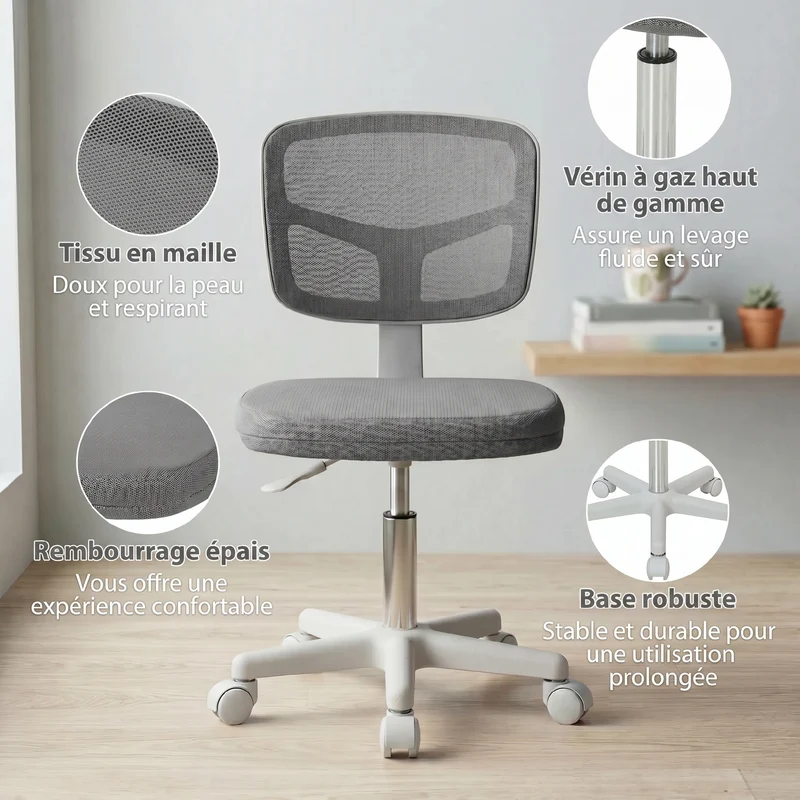 Chaise de bureau sans accoudoirs 48 x 48 x 77,5-89,5 cm ergonomique hauteur réglable moderne tendance en tissu gris 21_0006217