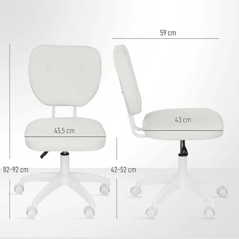 Chaise de bureau sans accoudoirs 46 x 59 x 82-92 cm hauteur réglable pivotant 360° soutien moderne épuré en PU blanc 21_0006258