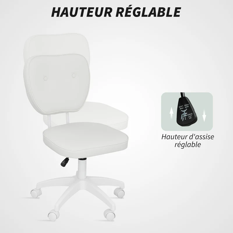 Chaise de bureau sans accoudoirs 46 x 59 x 82-92 cm hauteur réglable pivotant 360° soutien moderne épuré en PU blanc 21_0006258