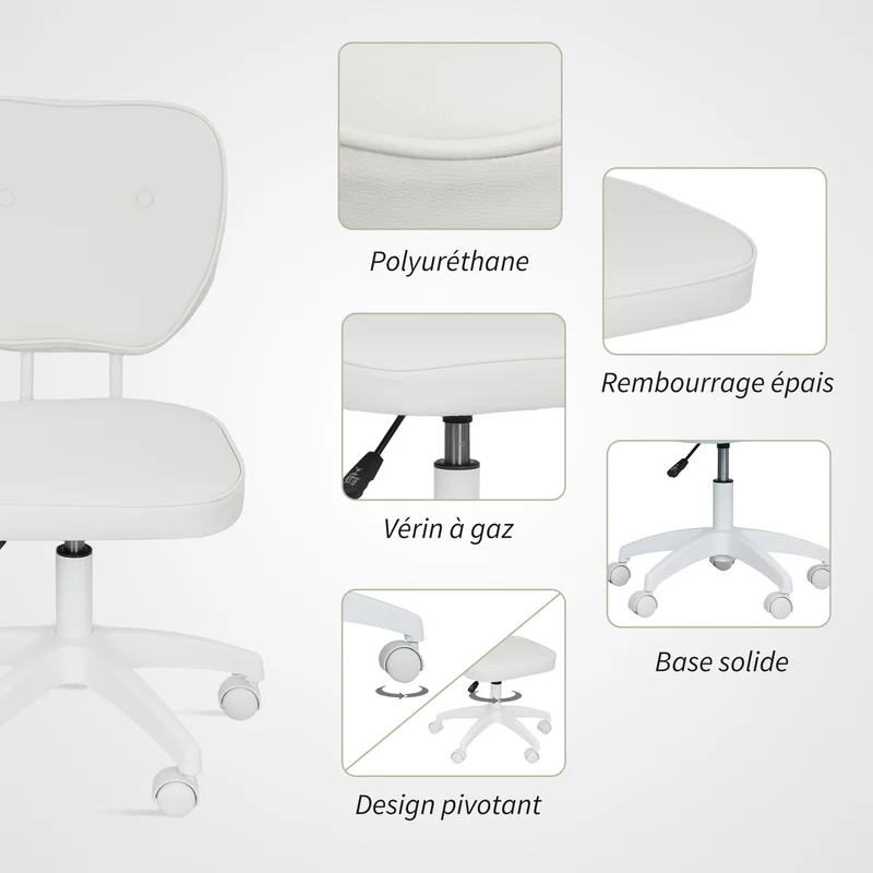 Chaise de bureau sans accoudoirs 46 x 59 x 82-92 cm hauteur réglable pivotant 360° soutien moderne épuré en PU blanc 21_0006258