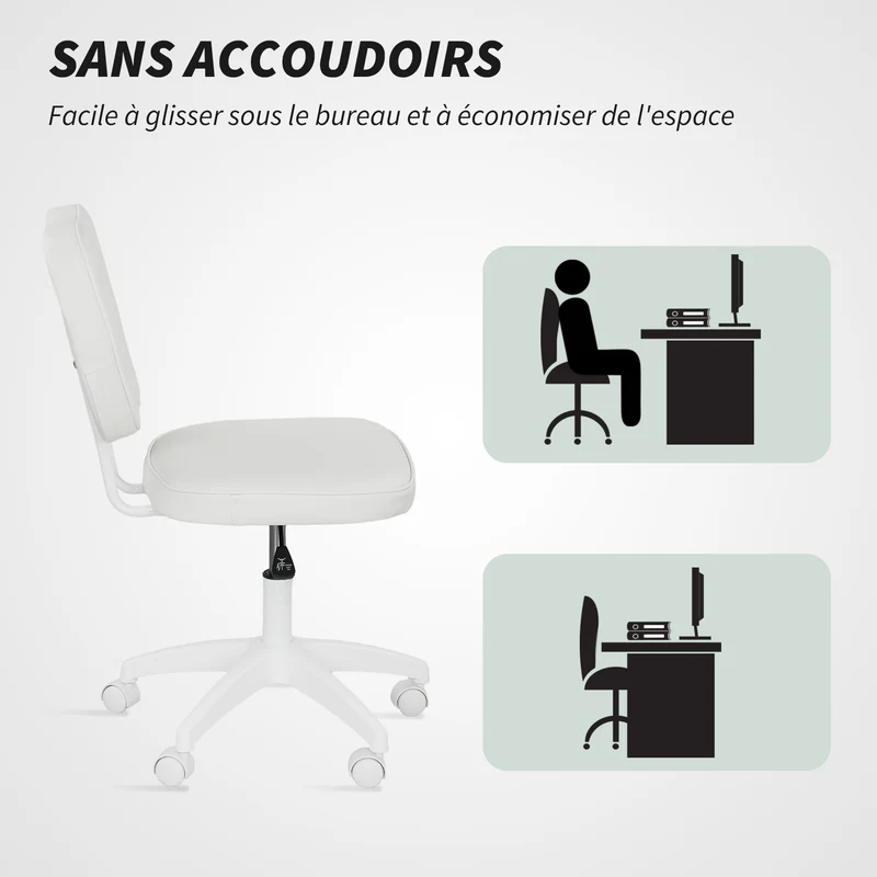 Chaise de bureau sans accoudoirs 46 x 59 x 82-92 cm hauteur réglable pivotant 360° soutien moderne épuré en PU blanc 21_0006258