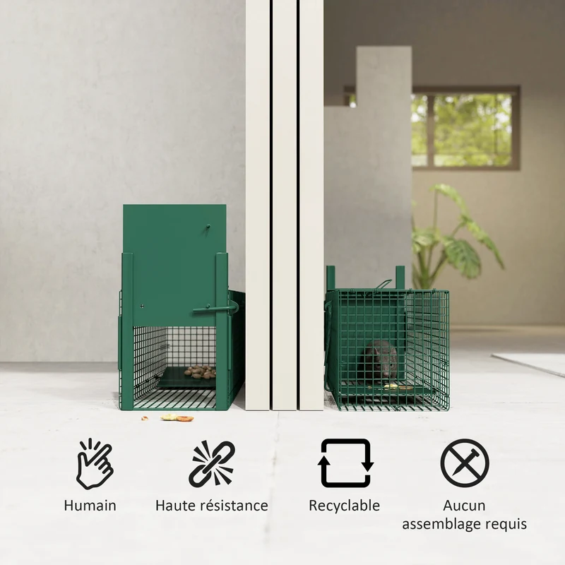 Cage de capture petits nuisibles jardin 60 x 18 x 20 cm capture sans blesser poignée contemporain en acier vert foncé 21_0006957