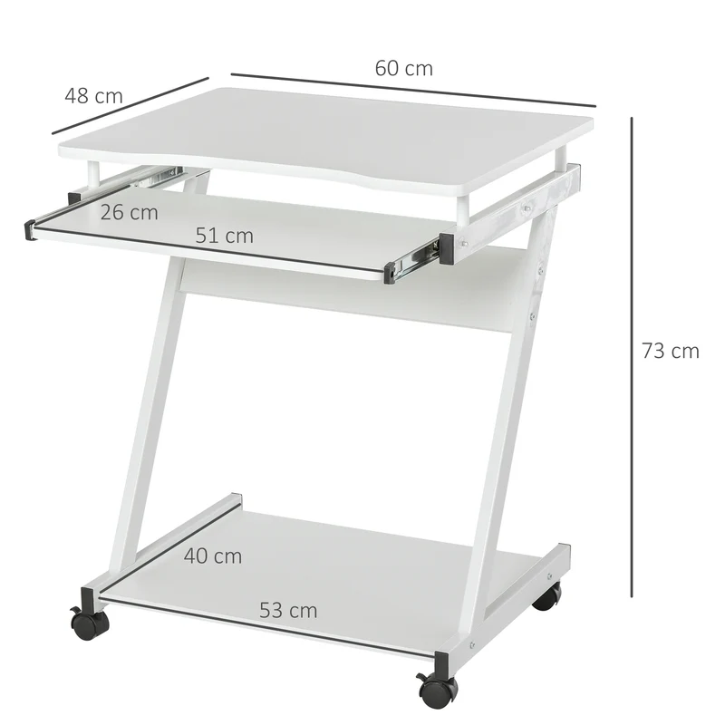 Bureau informatique roulant 60 x 48 x 73 cm mobilité roulettes et rangement moderne en panneaux de particules blanc 21_0002447