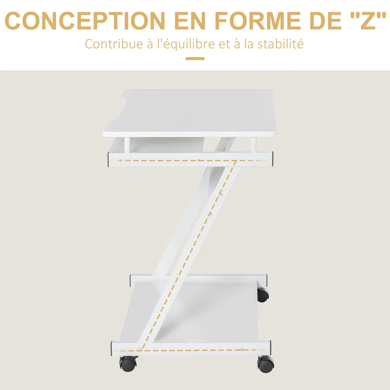 Bureau informatique roulant 60 x 48 x 73 cm mobilité roulettes et rangement moderne en panneaux de particules blanc 21_0002447