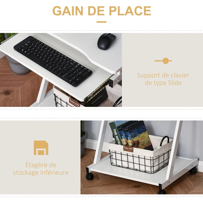 Bureau informatique roulant 60 x 48 x 73 cm mobilité roulettes et rangement moderne en panneaux de particules blanc 21_0002447