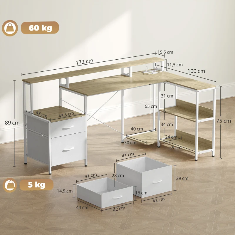 Bureau d'angle 172 x 100 x 89 cm support écran prises usb led rvb 2 tiroirs ergonomique moderne design en panneau blanc 21_0006143