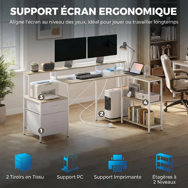 Bureau d'angle 172 x 100 x 89 cm support écran prises usb led rvb 2 tiroirs ergonomique moderne design en panneau blanc 21_0006143