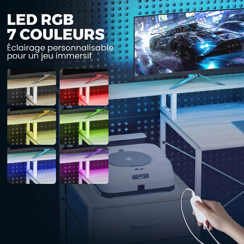 Bureau d'angle 172 x 100 x 89 cm support écran prises usb led rvb 2 tiroirs ergonomique moderne design en panneau blanc 21_0006143